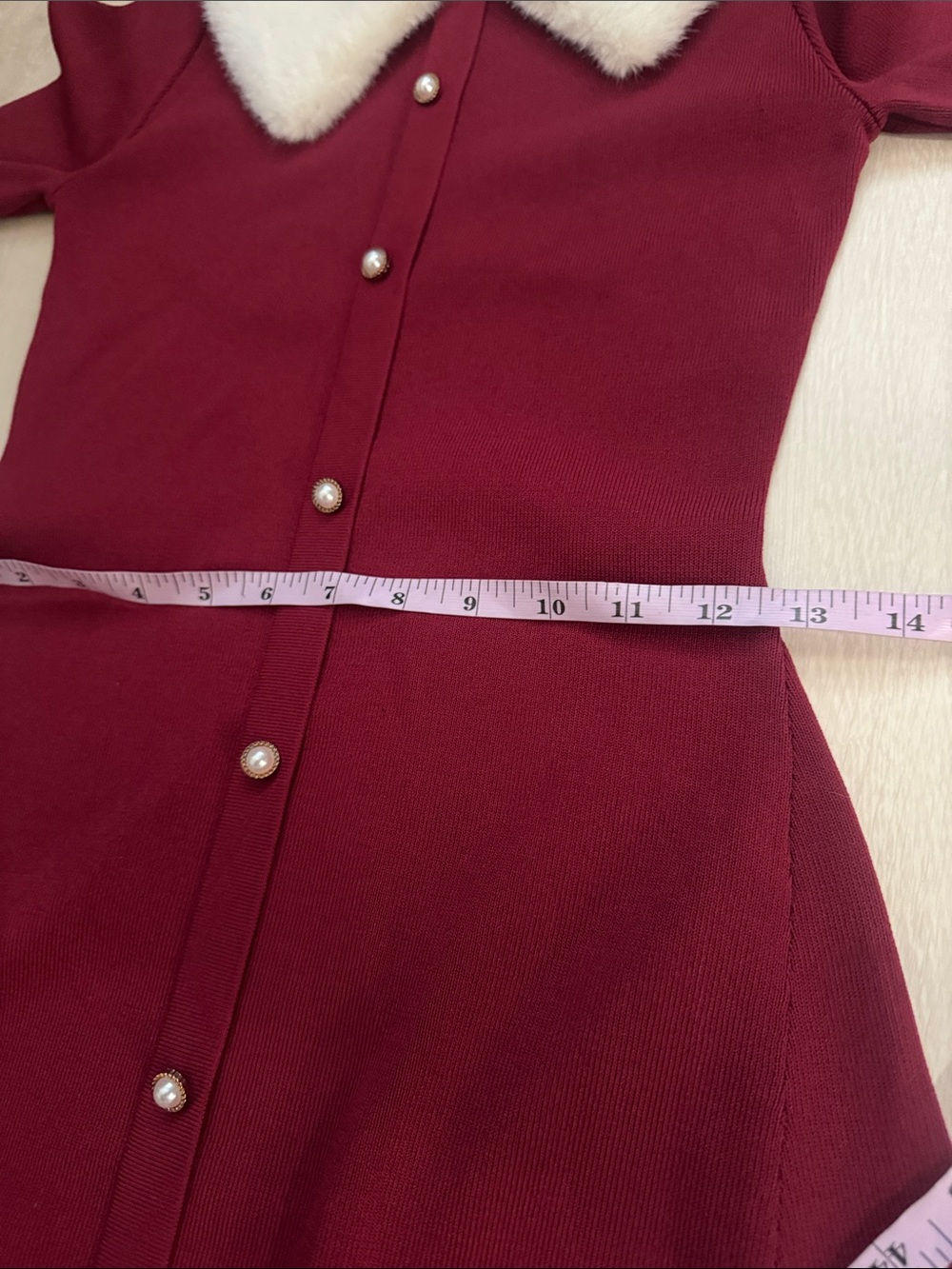 Wayf Burgundy Long-Sleeve A-Line Dress with White Faux-Fur Collar - Picture 6 of 9